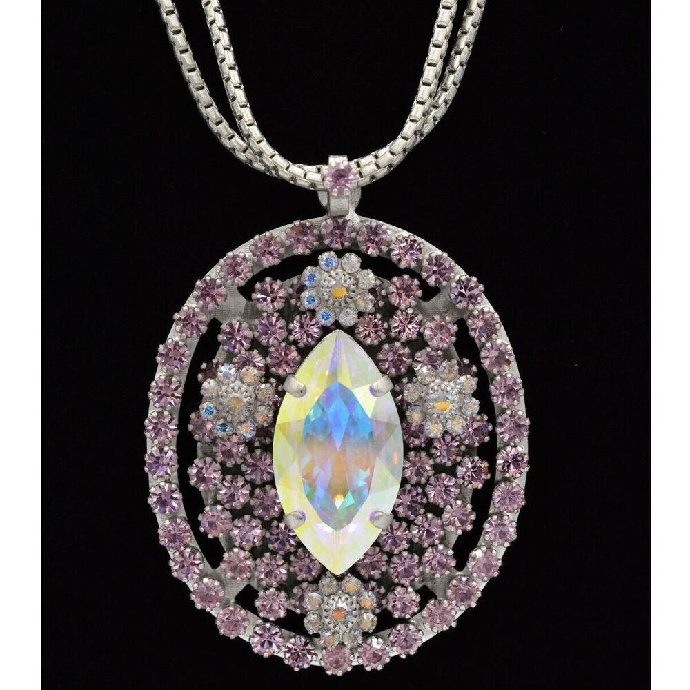 Rodrigo Otazu Crystal Pendant Necklace Purple Aurora Borealis Floral Signed BinG